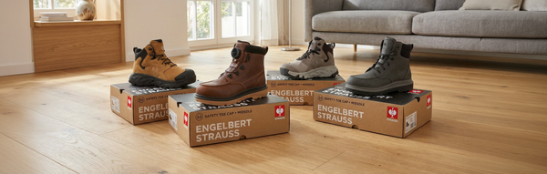 Four pairs of work boots on top of their shoe boxes in a clean living room surrounding