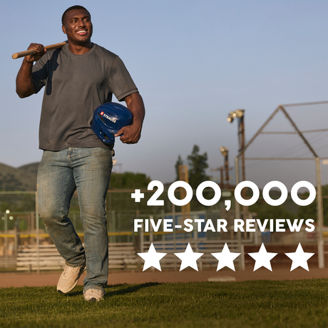 Man holding a baseball bat and helmet on a field with text about five-star reviews.