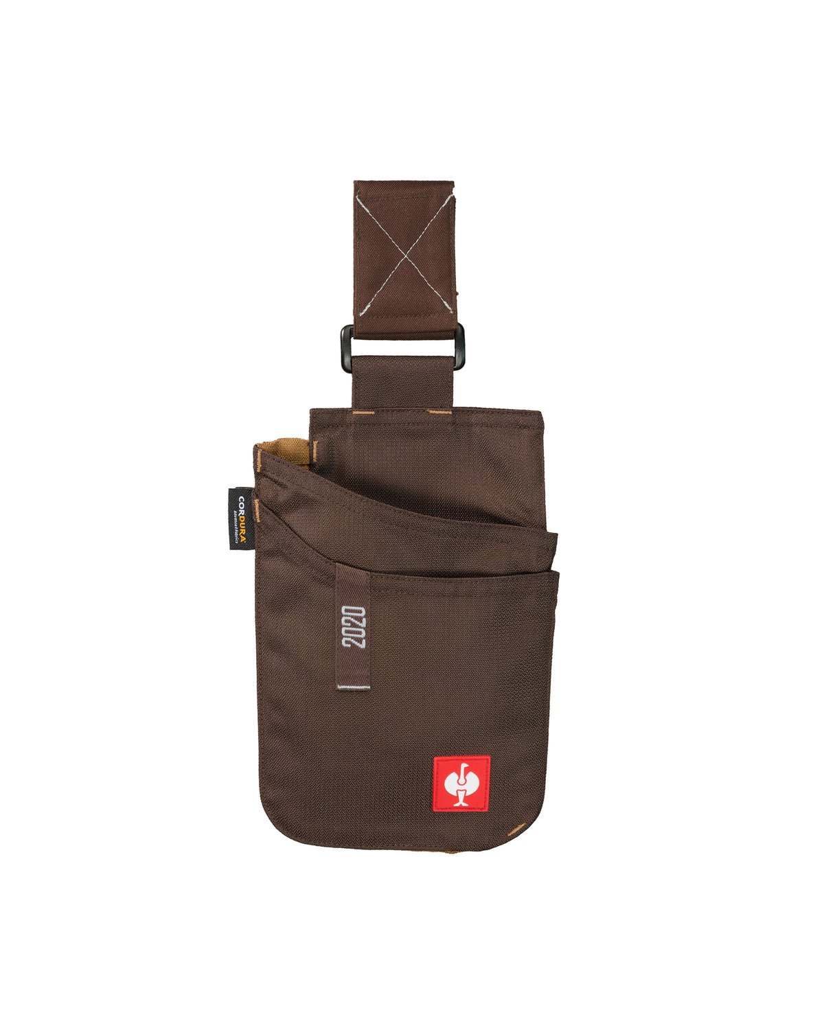 Small chestnut STRAUSS e.s.motion 2020 tool bag with layered pockets and a single belt attachment strap.