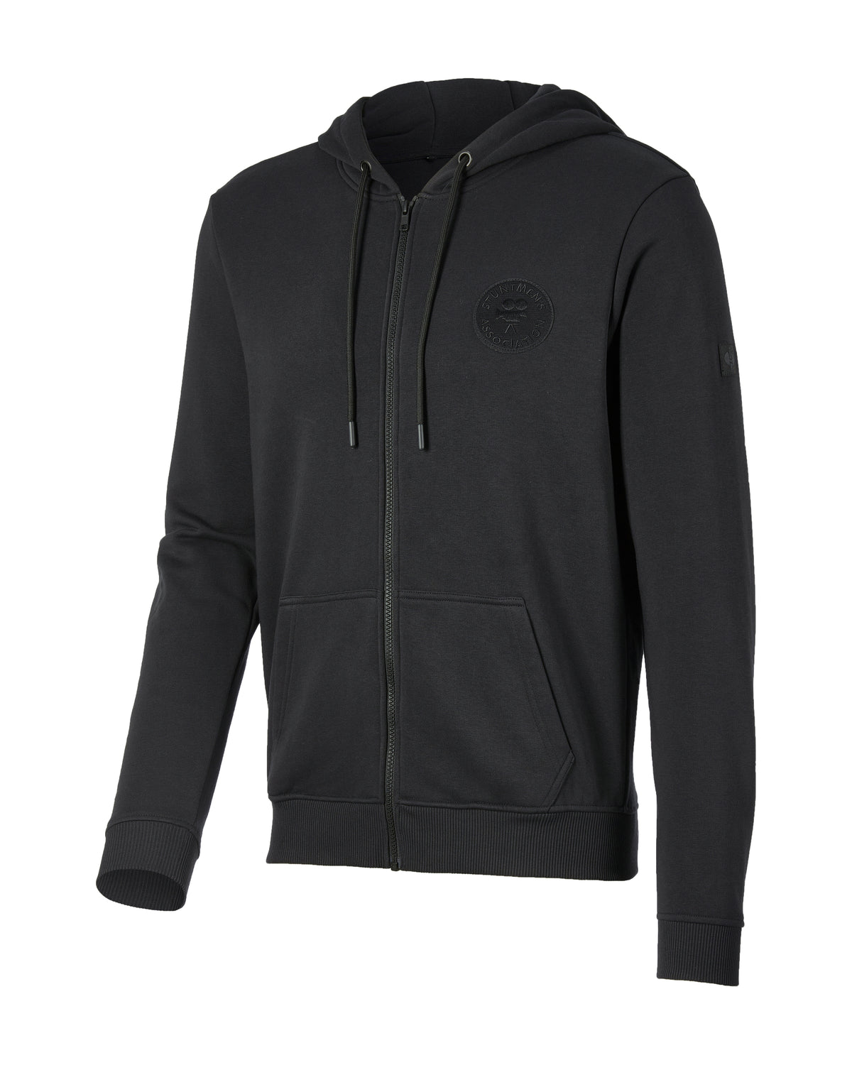 STRAUSS Stuntmen's Association hooded sweatjacket in black, front view