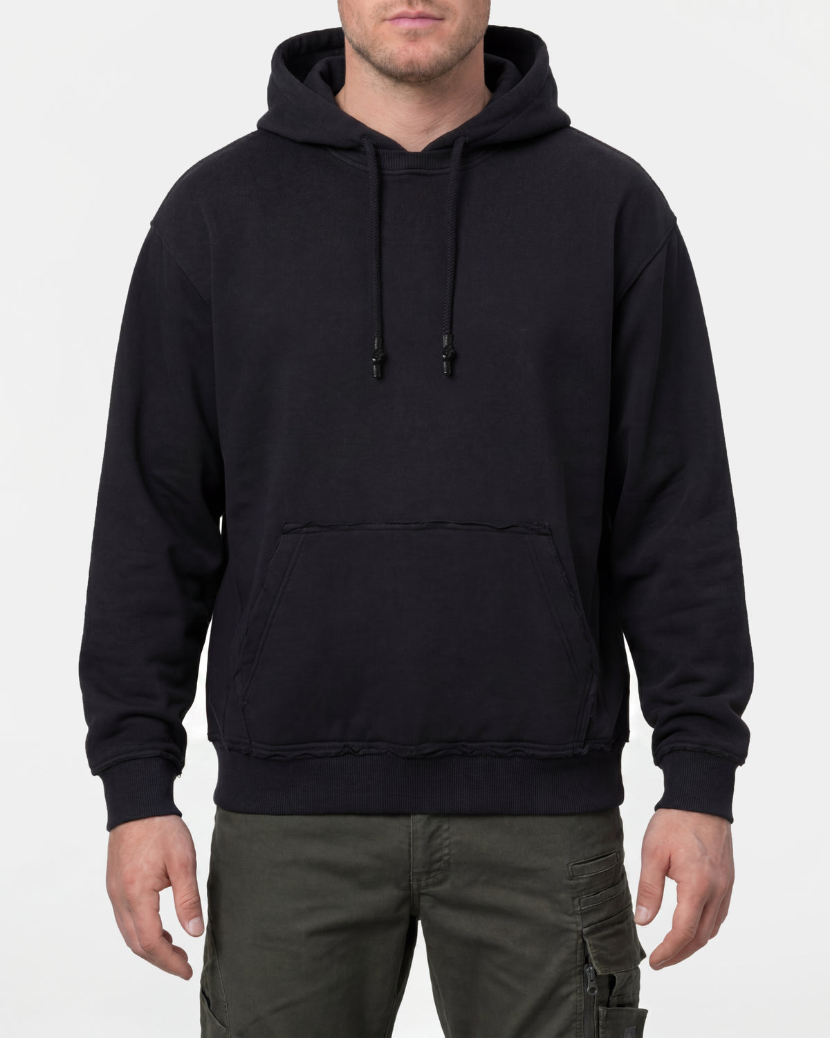 STRAUSS loose fit hoodie in black, worn by model, front view