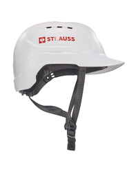 A white STRAUSS Baseball Style Hard Hat with an adjustable fit, built-in visor, air vents, and extended neck shell for enhanced impact protection, showcasing the red STRAUSS logo on the side and isolated on a white background.