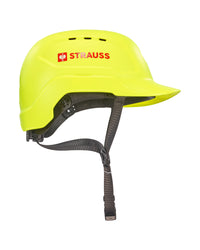 A bright yellow STRAUSS Baseball Style Hard Hat with a visor and extended neck shell, featuring ventilation slots and the STRAUSS name with a red logo on the side, displayed on a white background for enhanced impact protection.