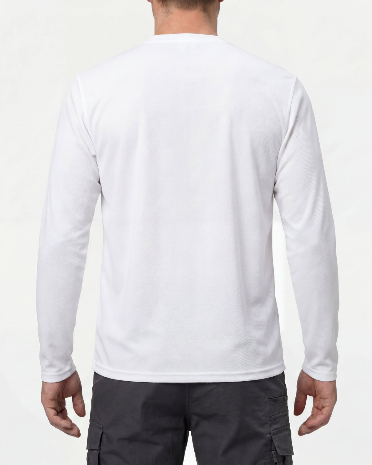 A model wears the STRAUSS Performance Long Sleeve Shirt in white