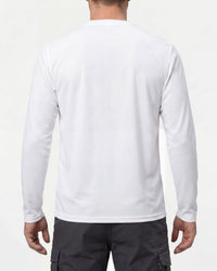 A model wears the STRAUSS Performance Long Sleeve Shirt in white
