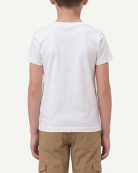 A child wears the Kids' STRAUSS Cotton Stretch T-Shirt in white with casual workwear pants, showing the shirt fit