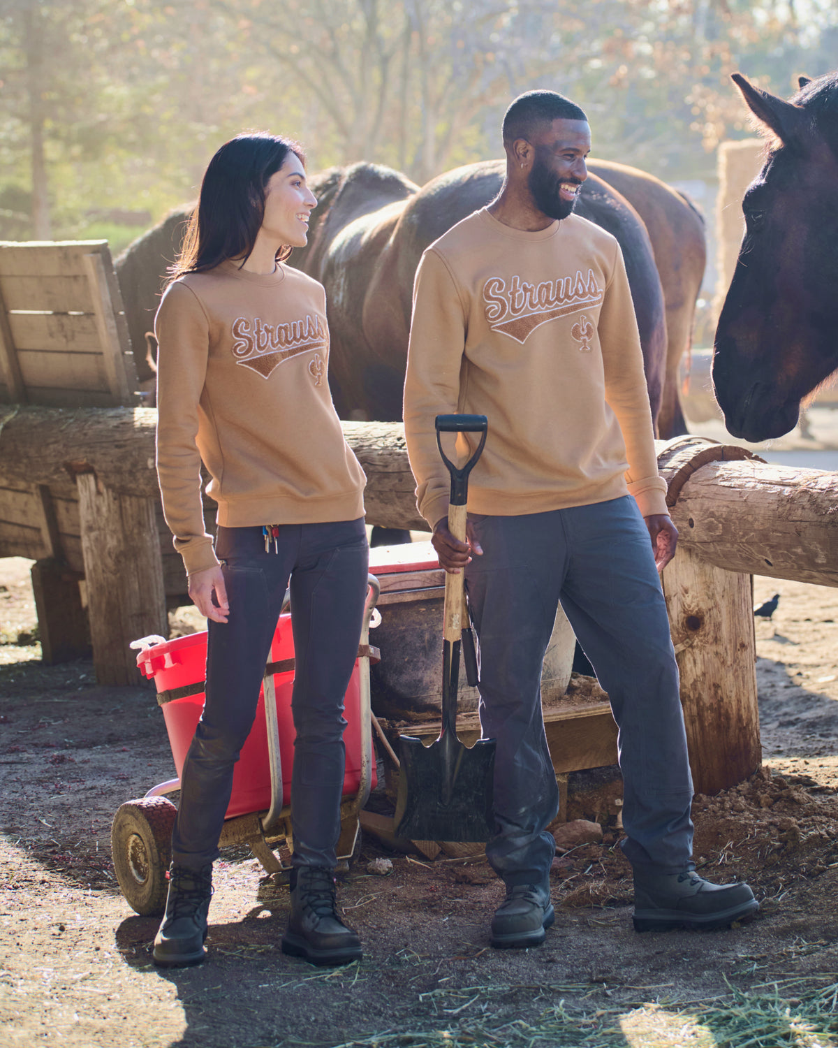 STRAUSS e.s.e:pic artwork crew neck sweatshirt in almond brown, worn in workwear outfit