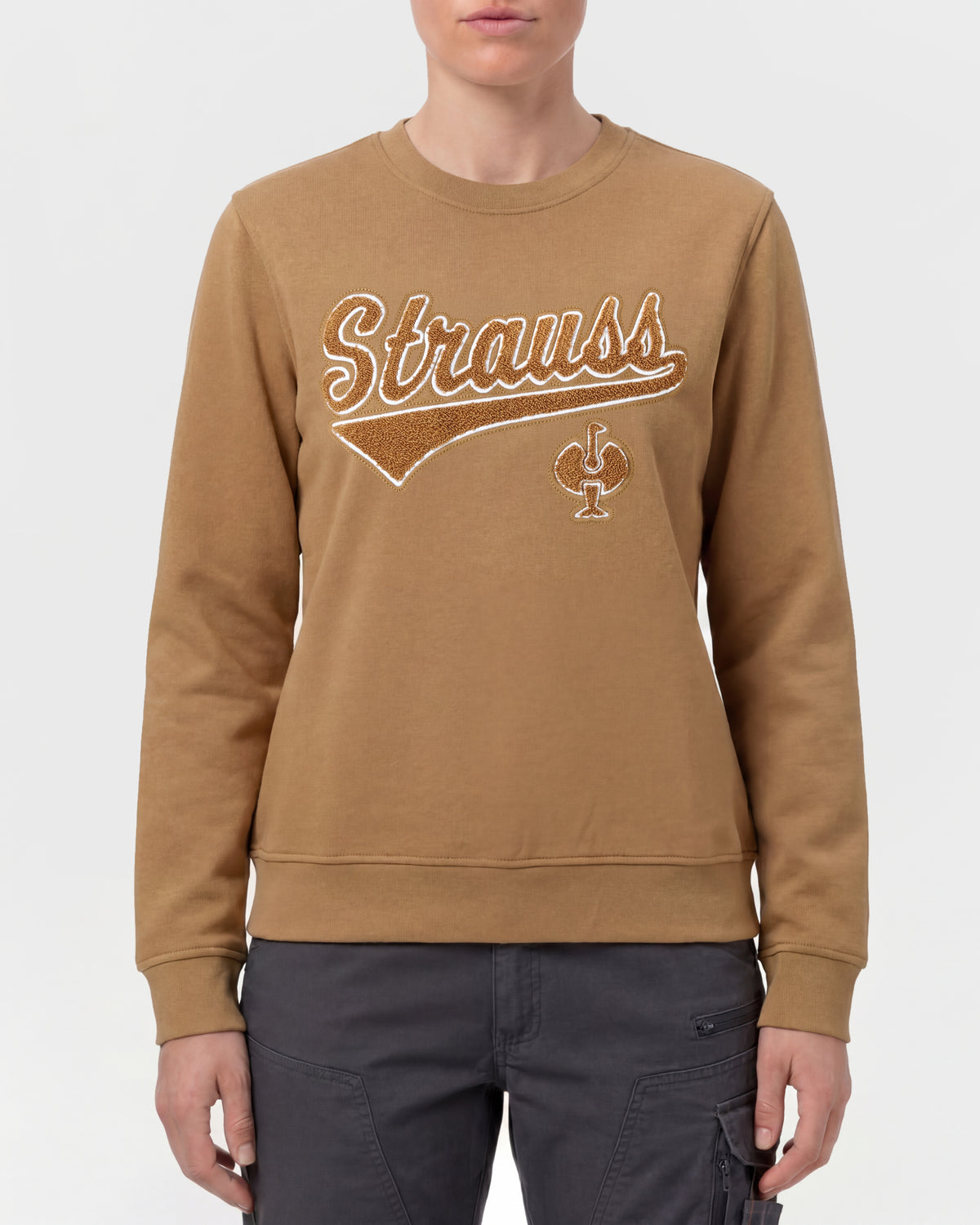 Women's STRAUSS e.s.e:pic artwork crew neck sweatshirt in almond brown, worn by model, front view