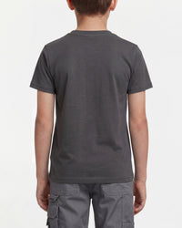 A child wears the Kids' STRAUSS Artwork T-Shirt e.s.e:pic in carbon gray with casual workwear pants, showing the shirt fit