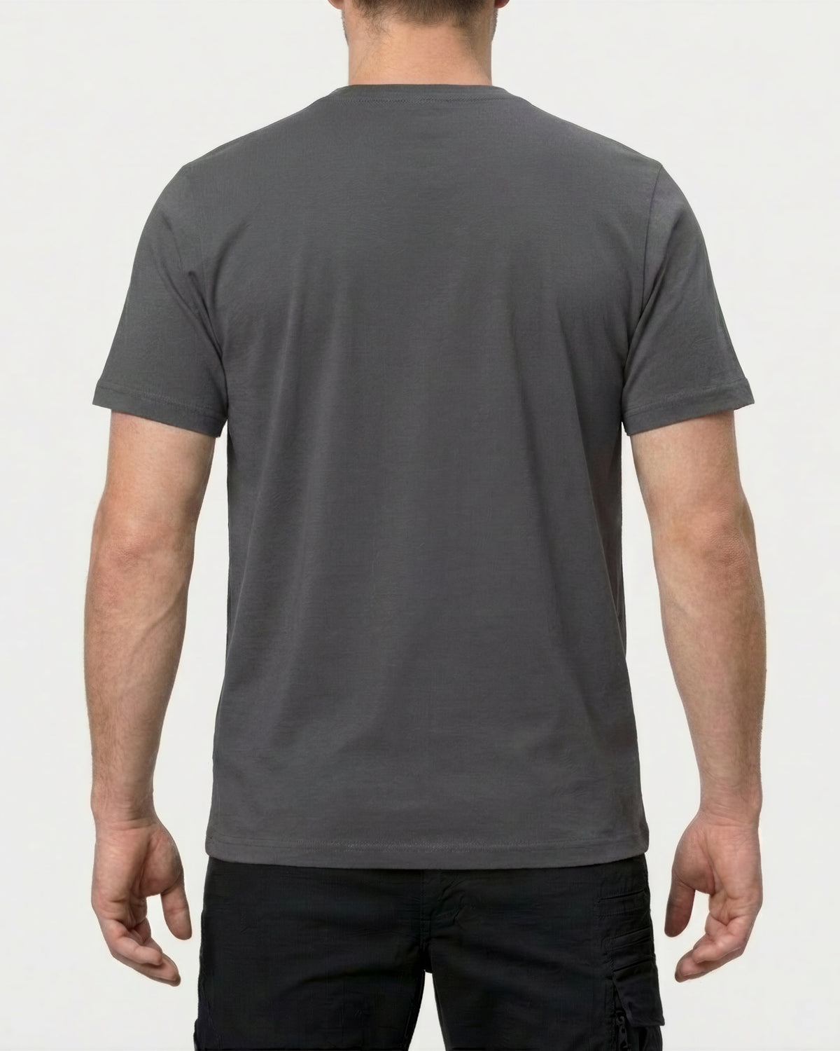 A model wears the STRAUSS Cotton Stretch T-Shirt in carbon gray, showing the shirt fit
