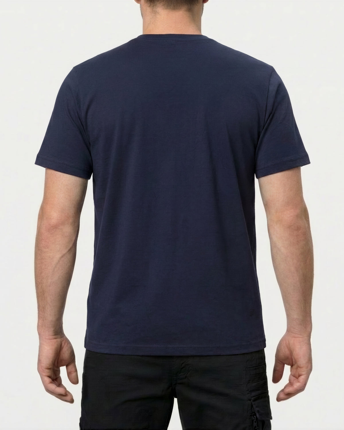 A model wears the STRAUSS Cotton Stretch T-Shirt in navy, showing the shirt fit