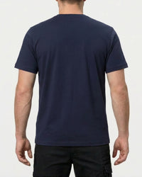 A model wears the STRAUSS Cotton Stretch T-Shirt in navy, showing the shirt fit