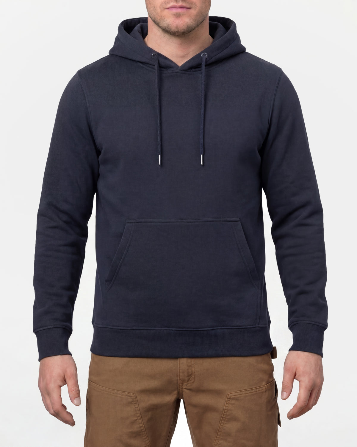 STRAUSS cotton-poly hoodie in nero blue, worn by model, front view