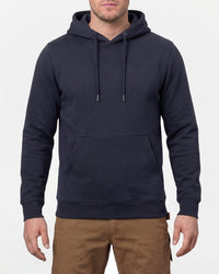 STRAUSS cotton-poly hoodie in nero blue, worn by model, front view