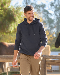 STRAUSS cotton-poly hoodie in nero blue, worn in lifestyle setting