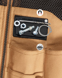 A Magnetic field adapter e.s.tool concept from STRAUSS secures metal hardware—bolts, a washer, a nut, a ring, and a small pin—to a tan tool vest featuring zippers and pockets. Icons highlight its magnetic strength and durable material.