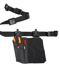 A worker wears a black STRAUSS e.s.tool concept right-hand ruler and knife pocket on a tool belt with utility work pants.
