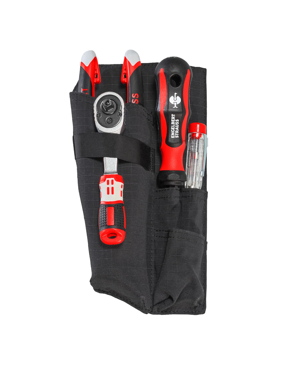 Black STRAUSS e.s.tool concept right-hand small tool pocket showing pockets, clips, and modular belt attachment.