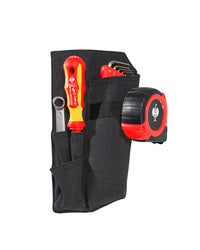 Black STRAUSS e.s.tool concept left-hand small tool pocket showing pockets, clips, and modular belt attachment.