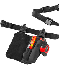 A worker wears a black STRAUSS e.s.tool concept left-hand small tool pocket on a tool belt with utility work pants.