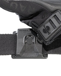 Close-up of the black STRAUSS e.s.tool concept glove holder clip holding work gloves on a belt.