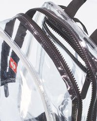 Close-up of the transparent panel, zipper, and strap on the clear STRAUSS e.s.e:pic backpack.