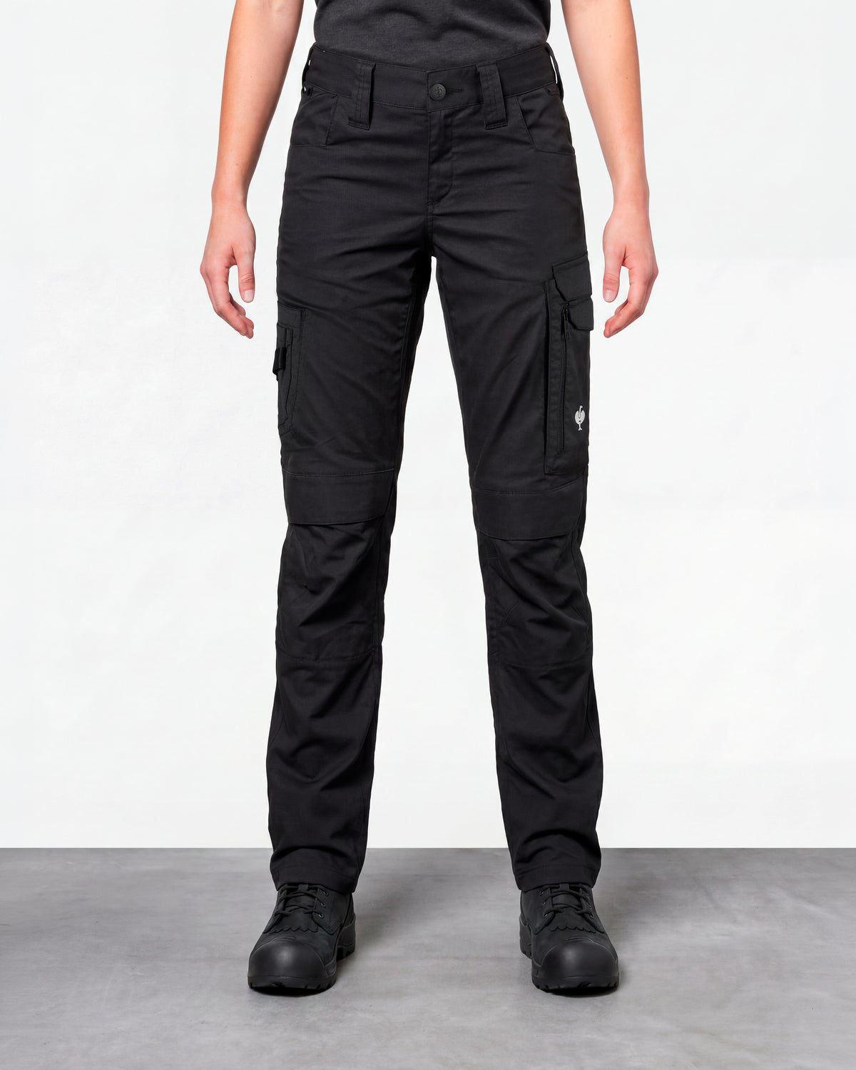 Women's Work Pants e.s.concrete light in black worn by a model, front view