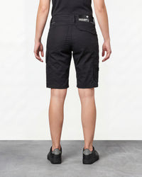 Alternate model view of Engelbert Strauss women's e.s. concrete light shorts in black, showing the side and back fit with visible utility pocket placement and workwear construction.