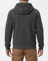 STRAUSS e.s.e:pic hooded sherpa fleece jacket in carbon gray worn, back view
