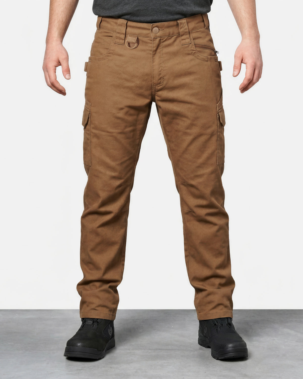 Twill Cargo Work Pants e.s.e:pic in almond brown worn by a model, front view