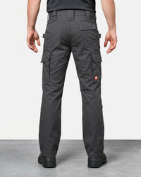 Double Front Twill Cargo Work Pants e.s.e:pic in carbon gray worn by a model, rear view