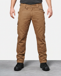 Double Front Twill Cargo Work Pants e.s.e:pic in almond brown worn by a model, front view