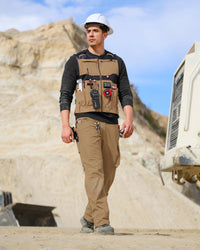 Ripstop Cargo Work Pants e.s.e:pic in almond brown in use, showing fit and movement