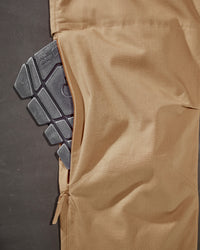 Close-up of knee pad pocket details on Ripstop Cargo Work Pants e.s.e:pic in almond brown
