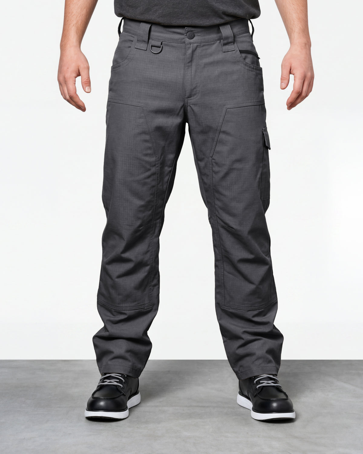 Double Front Ripstop Cargo Work Pants e.s.e:pic in carbon gray worn by a model, front view