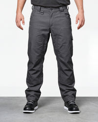 Double Front Ripstop Cargo Work Pants e.s.e:pic in carbon gray worn by a model, front view
