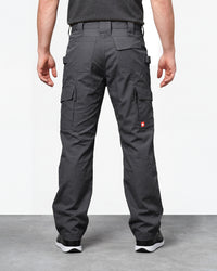 Double Front Ripstop Cargo Work Pants e.s.e:pic in carbon gray worn by a model, rear view
