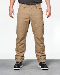 Double Front Ripstop Cargo Work Pants e.s.e:pic in almond brown worn by a model, front view