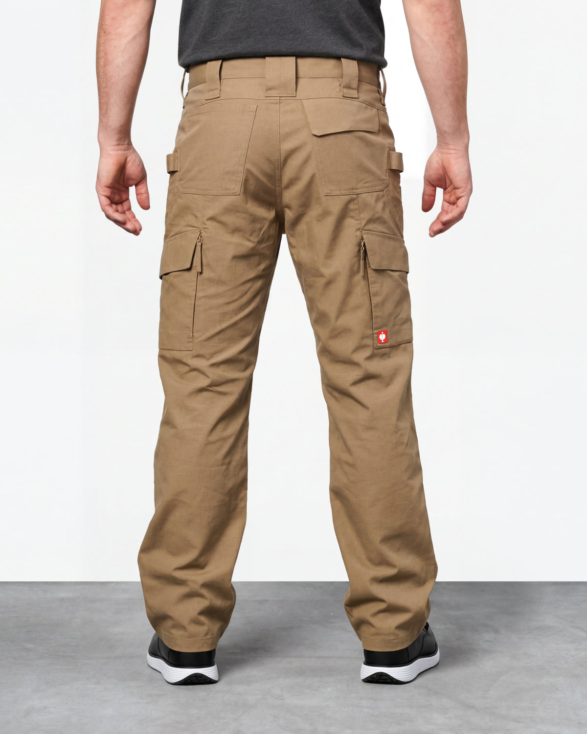 Double Front Ripstop Cargo Work Pants e.s.e:pic in almond brown worn by a model, rear view
