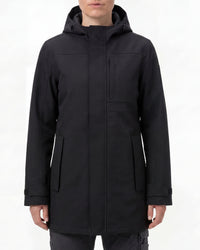 STRAUSS women's e.s.e:pic waterproof rain coat in black worn, front view
