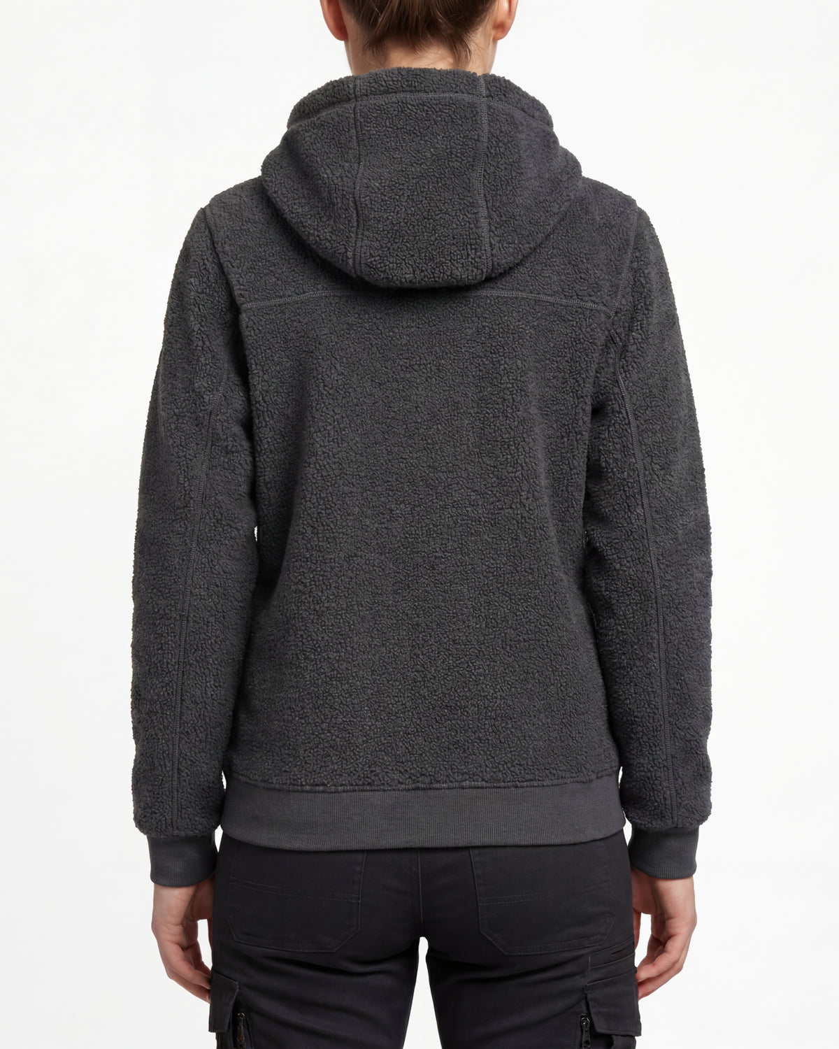 STRAUSS women's e.s.e:pic hooded sherpa fleece jacket in carbon gray worn, back view