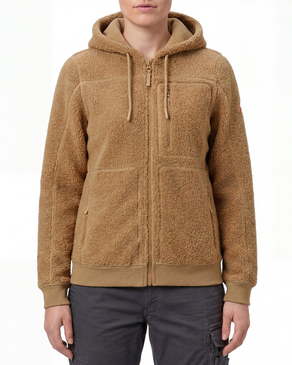 STRAUSS women's e.s.e:pic hooded sherpa fleece jacket in almond brown worn, front view