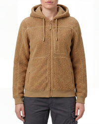 STRAUSS women's e.s.e:pic hooded sherpa fleece jacket in almond brown worn, front view