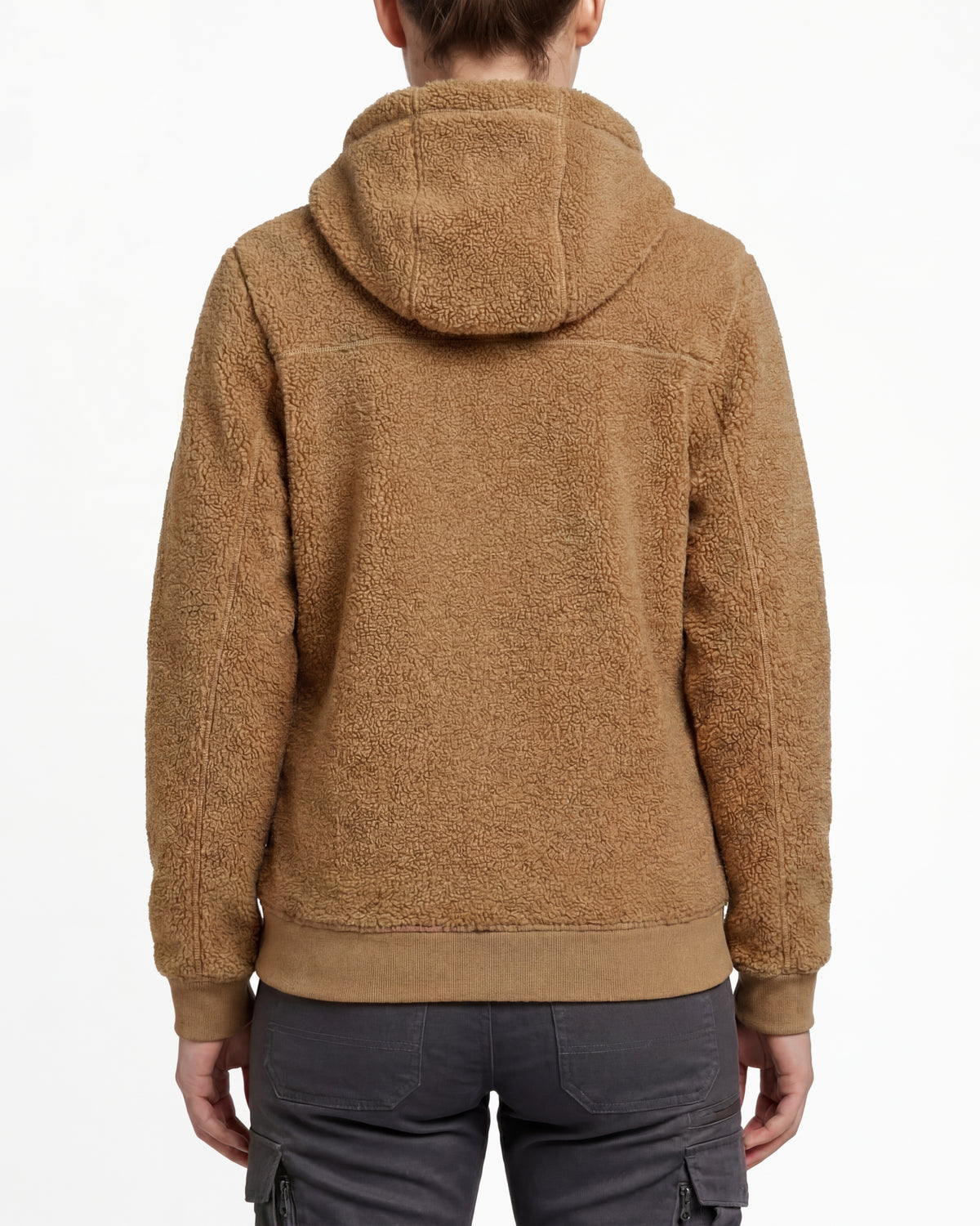 STRAUSS women's e.s.e:pic hooded sherpa fleece jacket in almond brown worn, back view