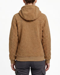 STRAUSS women's e.s.e:pic hooded sherpa fleece jacket in almond brown worn, back view