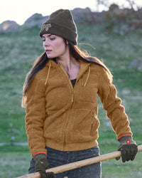 STRAUSS women's e.s.e:pic hooded sherpa fleece jacket in almond brown in use on the job