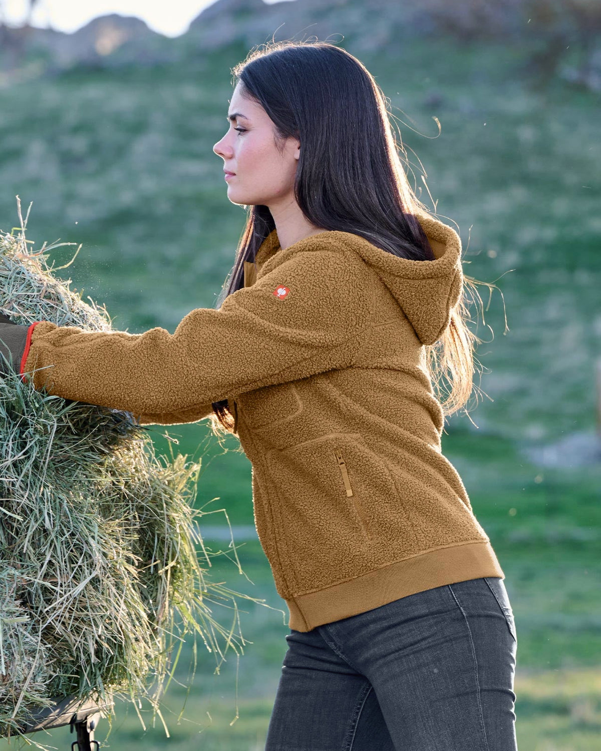STRAUSS women's e.s.e:pic hooded sherpa fleece jacket in almond brown paired with workwear