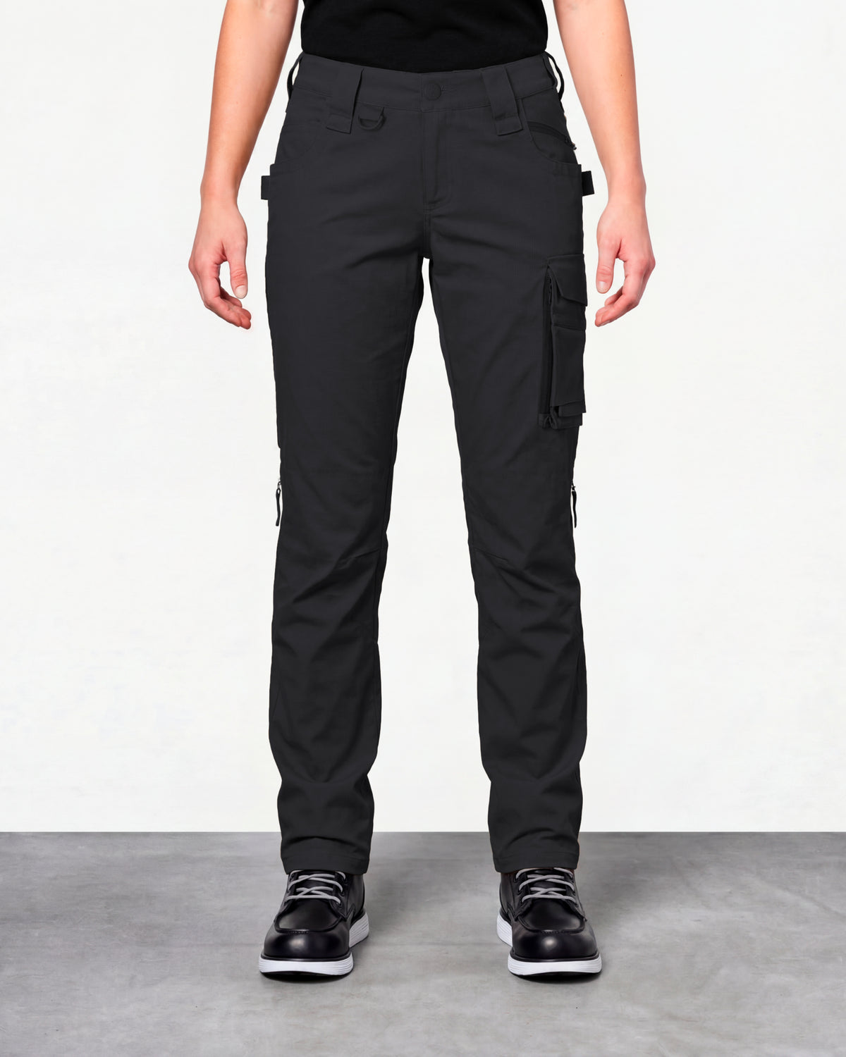 Women's Ripstop Cargo Work Pants e.s.e:pic in black worn by a model, front view
