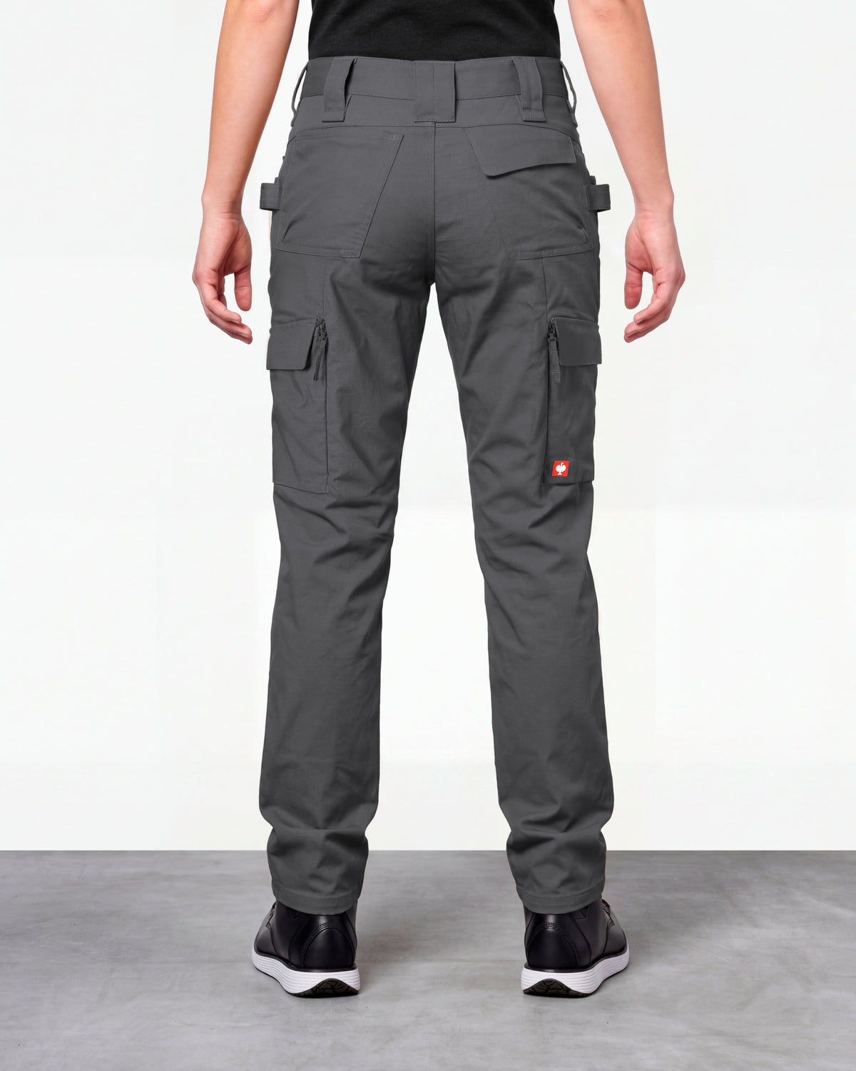 Women's Double Front Ripstop Cargo Work Pants e.s.e:pic in carbon gray worn by a model, rear view