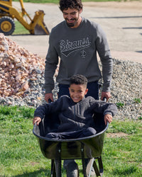 STRAUSS kids' e.s.e:pic sherpa fleece jacket in carbon gray paired with workwear